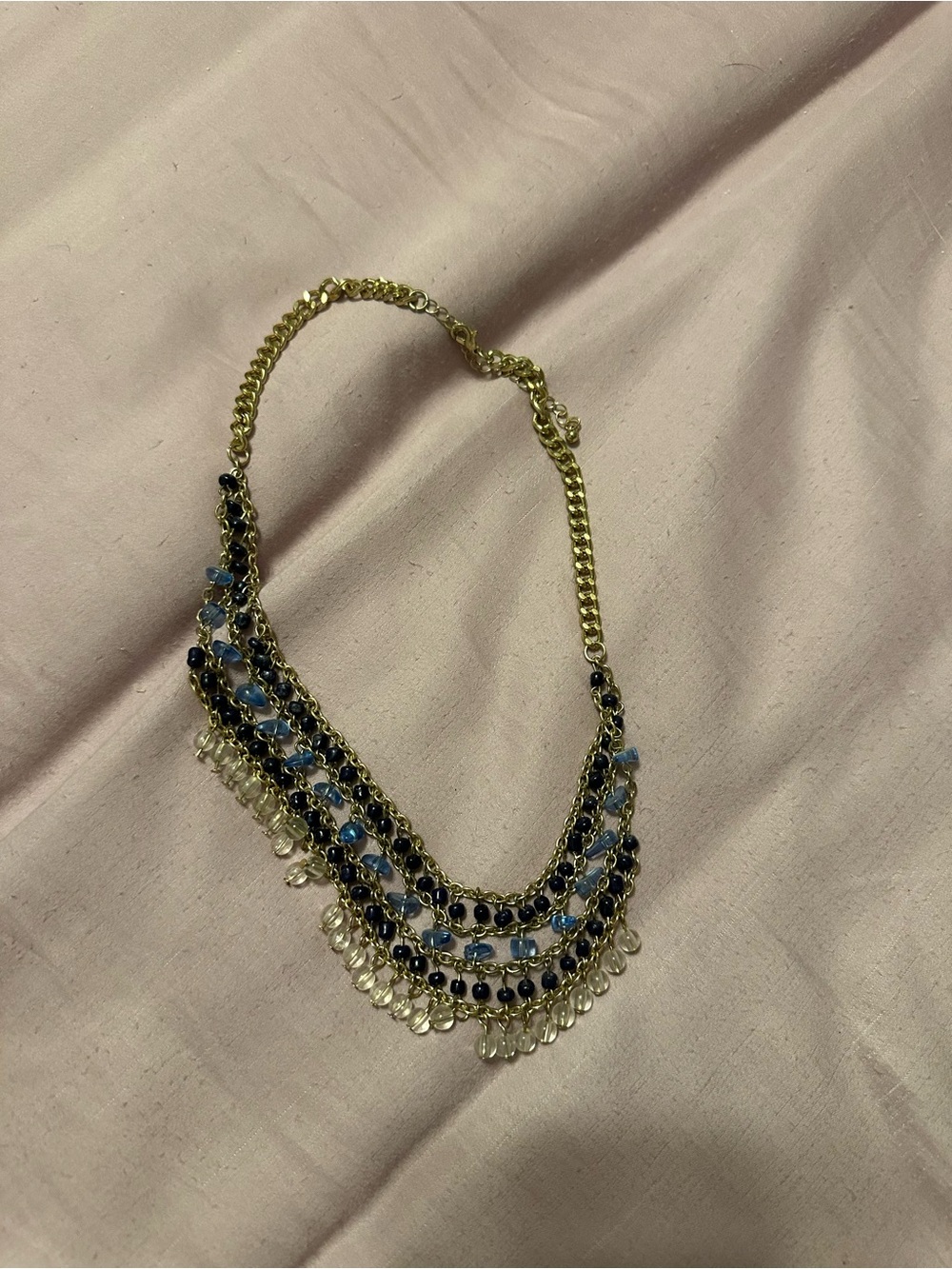 Gold Multi-Row Blue & Black Bead Statement Necklace